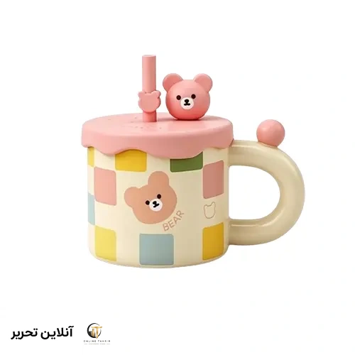 ماگ سرامیکی درب دار خرس رنگی- صورتی